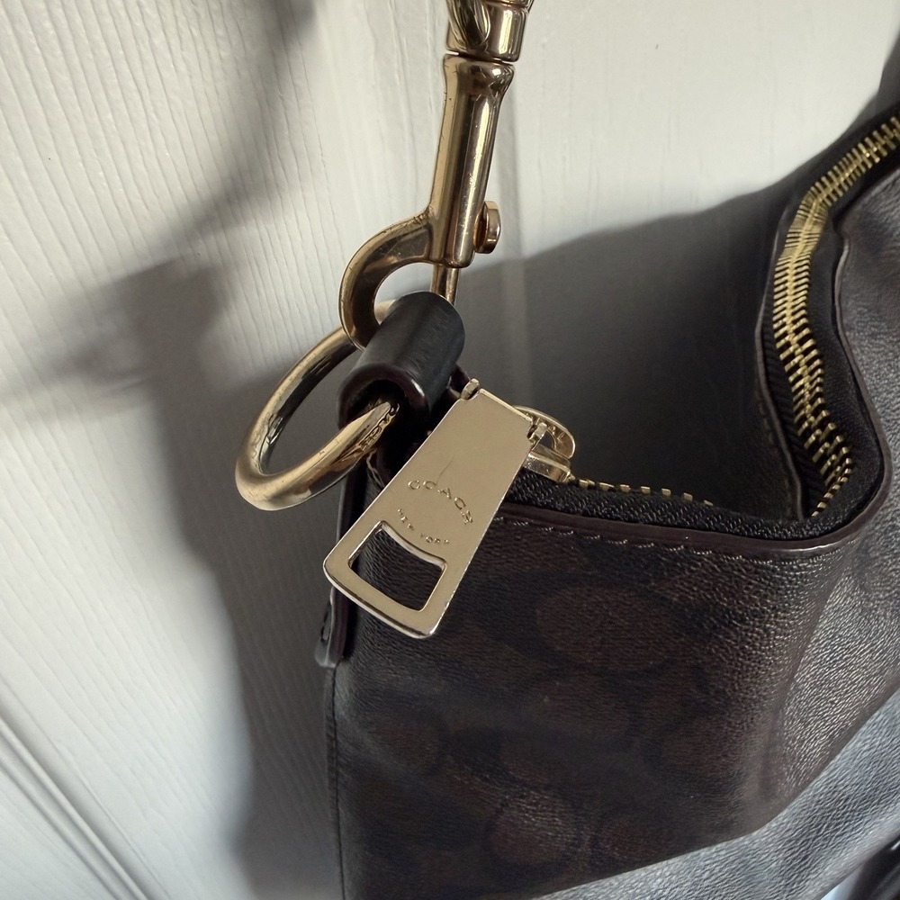 Coach Brown Logo Shoulder Bag Gold Hardware Outer Pockets Women's Designer - Picture 3 of 5